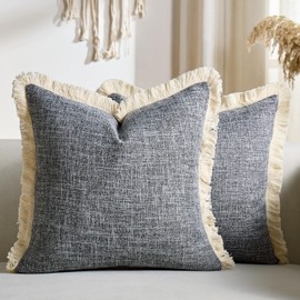 Faux Linen Fringe Decorative Pillow Covers 18x18 Inch Set of 2 Dark Grey Burlap Boho Farmhouse Throw Pillow Cases with Tassels Rustic Woven Textured Cushion Cases for Sofa Bed Living Room Home Decor