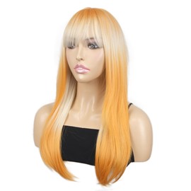 onemily 20 Inch/50 cm Long Layered With Bangs Straight Synthetic fiber Shoulder Length Hair for Daily Use or Party Wig (Orange)
