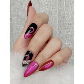 Handmade Press On Nails impress Fake Nails Medium Almond 3D Cat eye Diamond Black and purple Swan Rhinestones Finger Manicure glue False Nails press ons Nail Artificial Nails for women