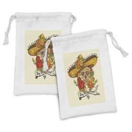 Ambesonne Sugar Skull Fabric Pouch Set of 2, Skull in a Sombrero Traditional Mexican Culture Theme Roses Day of the Dead, Small Drawstring Bag for Toiletries Masks and Favors, 9" x 6", Multicolor