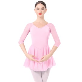 IBAKOM Ballet Leotards Dress for Women 3/4 Mesh Sleeve V Neck Scoop Back Gymnastics Leotard Plus Size Ballerina Outfits Adult Dance Leotard Competitive Camisole Bodysuit Dance Skirt Pink XL