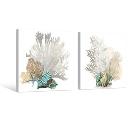 JAPO ART White Coral Wall Art Beach Bathroom Decor Sea Shell Pictures Coastal Wall Decor Sea Fan Nautical Painting Ocean Wall Art for Livingroom Bedroom Home Walls 12x12Inchx2pcs