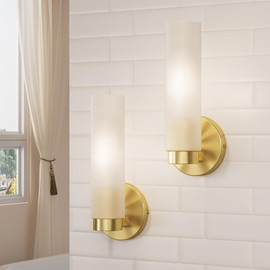 TETOTE Brushed Gold Wall Sconces Set of Two Modern Bathroom Wall Light Fixtures Farmhouse Wall Lights with Frosted Glass Shade for Mirror Bedroom Living Room
