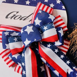 SIMISI RIBBON 4th of July Decorations Patriotic Wreath Bow Red White Blue Stars Burlap Bows for Memorial Day, Veteran's Day (11x20 inch)