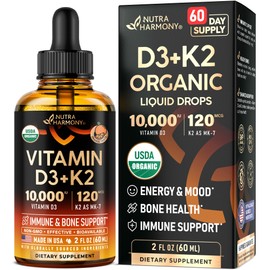 Vitamin D3 K2 USDA Organic Drops - Vitamin D3 10000 IU & K2 as MK-7 120mcg - Immune & Mood Support, Bone & Teeth Health - Sugar-Free Orange Flavor - Liquid Supplement - Made in USA - 2 FL OZ, 60 Days