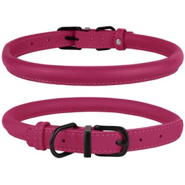 BronzeDog Rolled Leather Dog Collar Soft Round Rope Pet Collars for Small Medium Large Dogs Cat Puppy Kitten Black Blue Pink Green Yellow Grey (12" - 14", Pink Berry)