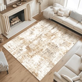 FMFUNCTEX 6x9 Washable Area Rug Brown Grey Neutral Abstract Modern Large Non Slip Carpet for Living Room Bedroom Soft Low Pile Indoor Mat Accent Throw Rug for Dining Kitchen Office Nursery, Grey Gold