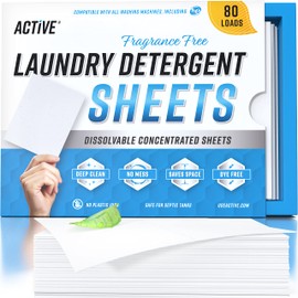 ACTIVE Laundry Detergent Sheets Eco Washing Strips - 80 Loads, Free & Clear Liquidless Clothes Washer Sheet, Zero Waste Travel Laundry Strip, Dissolvable Space Saving Sheets For HE - Fragrance Free