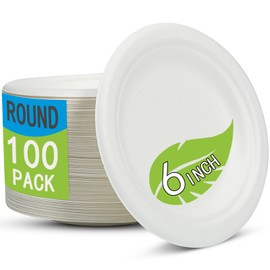 FYQFBJ 100% Compostable Paper Plates 100 Pack, 6 Inch Heavy Duty Biodegradable Microwavable Disposable White Dessert Plates, Made of Eco-Friendly, Natural Unbleached Sugarcane Bagasse