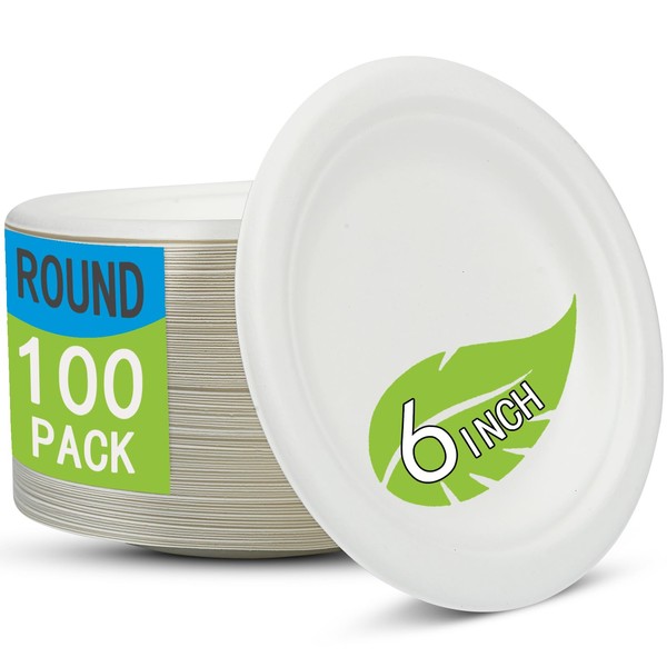 FYQFBJ 100% Compostable Paper Plates 100 Pack, 6 Inch Heavy