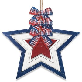 Panelee 4th of July Door Hanger Sign Patriotic Star Front Door Decor Memorial Day Wall Hanging Wood Sign Red White and Blue American Star Plaque with Plaid Bows for Independence Day Porch Window Decor