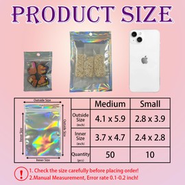 elook 60 PCS Holographic Mylar Zip Lock Bags, Smell Proof Bag, Resealable Foil Plastic Bags for Food, Jewelry, Electronics - 10.5 x 15cm + 7 x 10cm