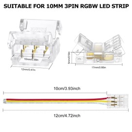 LightingWill LED Connectors 3Pin 10mm, 10 PCS Pigtail Connector Transparent Solderless, LED Tape Light Connector 3 Conductor for SMD 5050 Single Color Strips