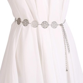 LumiSyne Fashion Chain Belt for Women Vintage Openwork Carved Metal Ring Waist Belt Gold Silver Adjustable Buckle Long Waist Belt Dress Belt Body Chain, silver