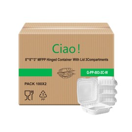 CIAO! 8"x8"x3" MFPP White Hinged Container With Lid 3 Compartment (Case of 200)