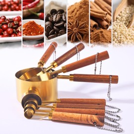 LLJOKUSA Metal Measuring Cups and Spoons Set with Acacia Wood Handle, 8-Piece Kitchen Gold Measuring Set, Collapsible Measuring Cups