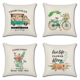JOTOM Cushion Covers 45cm x 45cm Set of 4 Floral Farmhouse Decorative Throw Pillow Covers Linen Square Flowers Pillow Cases 18x18 Inch for Sofa Couch Bedroom Outdoor Home Office Car Decor (Flower)