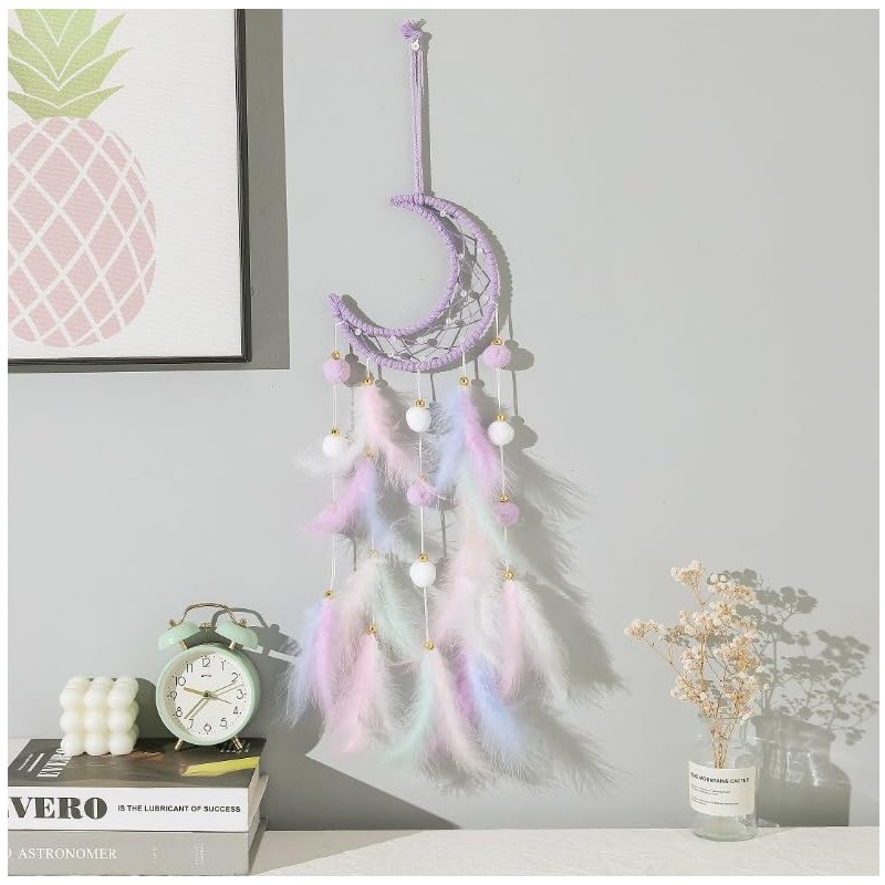 Dream Catcher Wall Decor - Handcrafted Feather Woven Pendant, Pompom