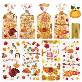 Litmitfu 100 Pcs Happy Thanksgiving Treat Bags - Plastic Fall Thanksgiving Gift Bags, Clear Autumn Goodie Candy Favor Cellophane Bag with Gold Twist Ties for Thanksgiving Party Favors Supplies