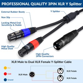 Togconn XLR Splitter Microphone Cable, XLR Male to Dual Female Y Splitter Adapter, XLR-M to Two XLR-F, 3-Pin Balanced Mic Connector Converter Cable-1 Feet