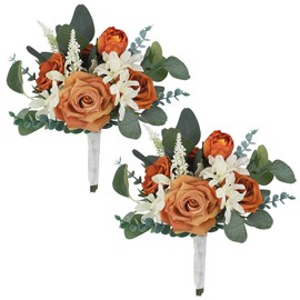 Rinlong 2Pcs Fall Bridesmaid Bouquet Burnt Orange Wedding Bouquets for Bridesmaids Artificial Flowers Boho Terracotta Wedding Bouquet