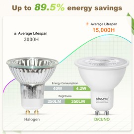 DiCUNO GU10 LED Dimmable, 5000 K Cool White LED Lamp, 4.2 W Replaces 40 W Halogen Spotlight, 350 lm 38° Beam Angle, GU10 Accent Lighting, No Flickering, 230 V, Pack of 6