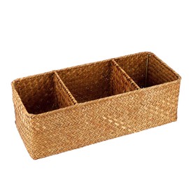 IGNPION 3-compartment Seagrass Storage Basket Woven Seagrass Desktop Basket Rectangular Organiser Box Shelves & Desks Decorative Basket for Sundries Stationery Toys Cosmetics, Caramels