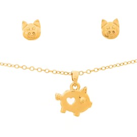 Collar Cerdito - Collar de Puerquito - Aretes de Cerdito - Dije de Cerdito con Corazon - Set de Joyeria - Pig Necklace - Chapa de Oro Calidad Premium - Elegantia Jewelry (Set Cerdito)