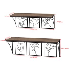 QUTREY Plant Wall Art Floating Shelves Set of 2, Minimalist Metal Abstract Decor Rustic Wooden Shelf for Living Room, Bedroom, Bathroom