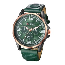 JewelryWe Men's Watch Leather Luminous Watch: Classic Analogue Quartz Wrist Watch Men's Green PU Leather Strap Business Casual Watches with Large Numbers Bar Scale & Low Luminous Hands, A52048-green