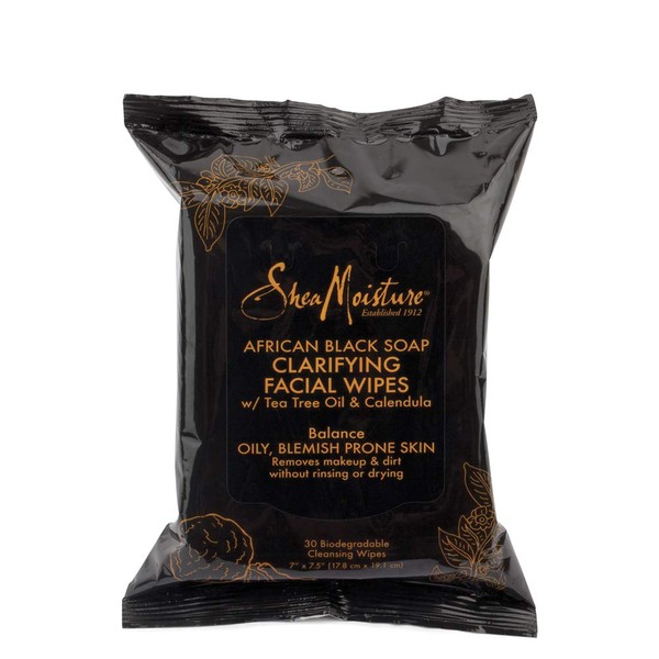 SheaMoisture Clarifying Facial Wipes for Oily, Blemish-Prone Skin African Black Soap to Clarify Skin 30 count (U-BB-2761)