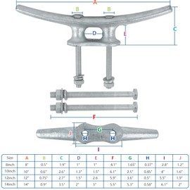 Dock Cleat 14 Inch, Boat Cleat Open Base Hot Dipped Galvanized Cast Iron, Boat Dock Cleats with Hardware Weatherproof Tie Downs for Boat, Decks, Marine or Home Decoration
