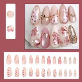 24 Pcs Cat's Eye Press on Nails Short Almond,MINGCHUN Fall Fake Nails Press ons Acrylic Nail Art Tips Kit Full Cover False Nails Glue on Nails with 3D Gilded Flowers Glitter Sequins Design for Women