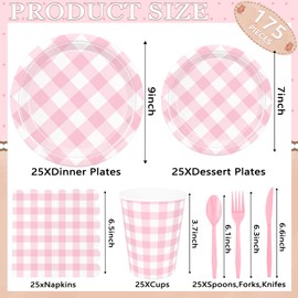 175 Pcs Gingham Party Supplies for 25 Guests, Paper Plates and Napkins Knives Spoons Forks Cups Disposable Party Set Cutlery for Baby & Bridal Shower, Wedding, Birthday Party, Outdoor Picnic ( Pink )