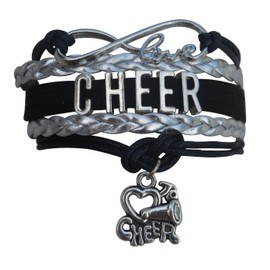 Cheer Bracelet- Cheerleading Charm Infinity Bracelet- Cheer Jewelry - Gift For Cheerleader, Cheer Team or Team (Black/Silver)