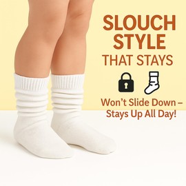 AWS/American Made 3 Pairs Kids Slouch Socks 3 Years to 15 Years Long Scrunchy Crew Socks (12-15 Years Old, White)