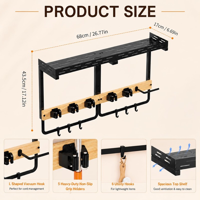 Tigerski Large Broom Mop Holder Wall Mounted with Top Shelf,3-in-1