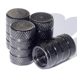 Black Barrel Aluminum Tire Valve Stem Caps with Neoprene O-Ring - Set of Four - Universal, Fits All Vehicles and Bicycles