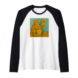 Sunflowers Orange Tabby Cat Famous Artist Painting Novelty Raglan Baseball Tee