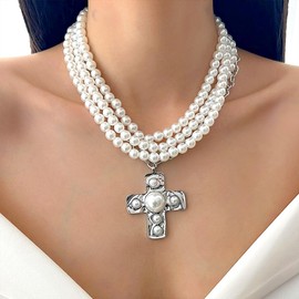 Stackable Pearl Cross Choker Necklaces for Women Punk Cross Beads Pendant Necklaces Layered Big Crucifix Necklaces Wedding Jewelry Accessories (Silver)