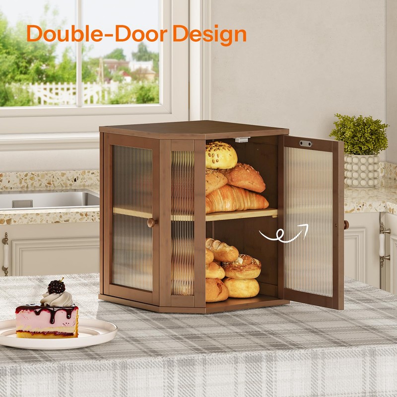 Bread Box, Bamboo Bread Box for Kitchen Countertop, 2-Tier Corner