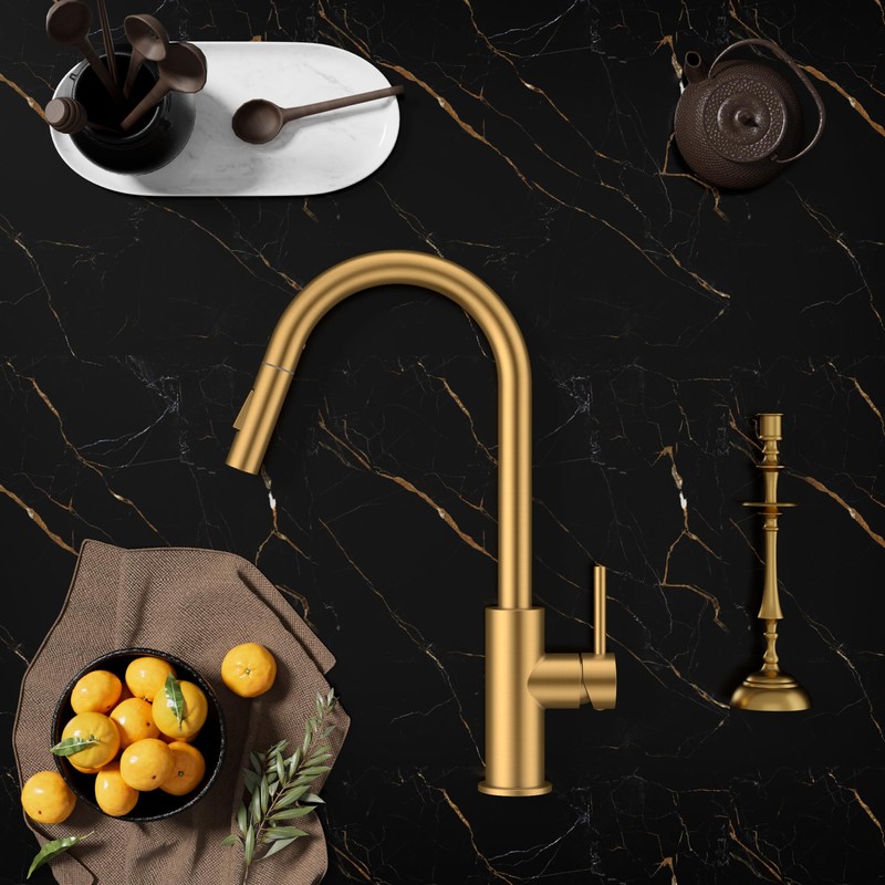 FORIOUS Gold Kitchen Faucet with Pull Down Sprayer, Brushed Brass