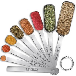 9 Pcs Measuring Spoons Set with Leveler, Metal Teaspoon & Tablespoon Measuring Spoons for Cooking & Baking, Fits in Spice Jars, Kitchen Gadgets for Dry & Liquid Ingredients