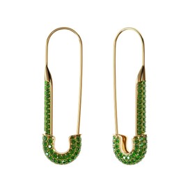 Lova Jewelry Dainty Cubic Zirconia Safety Pin Huggie Hoop Earrings - Hypoallergenic Golden tone Stud Post with Pave Crystal - Fashion Hoops Jewelry for Women(Green)