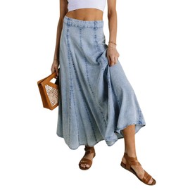CHARTOU Women Vintage Long Denim Skirt Flowy Big Hem Slouchy Washed Jean Skirt (Small, Blue)