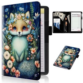 Server Books for Waitress with Zipper Pocket - Animal Flowers Waitress Book Notepad Leather Waiter Serving Organizer Wallet, Restaurant Guest Check Book Holder Presenter Fit Server Aprons, Fox Floral