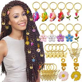 25PCS Gold Butterfly Braid Clips, Hair Jewelry for Braids, Multi Style Hair Cuffs Colorful Flower Pendant Charms for Braids for Women Girls Rave Festival Hairstyle Decoration