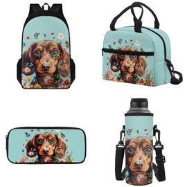 Tomeusey 4 Pcs Backpack Set for Girls, Large Double Zipper School Bag Book Bag with Leakproof Lunch Box Pencil Bag Water Bottle Carrier for School and Daycare, Dachshund Colorful Floral