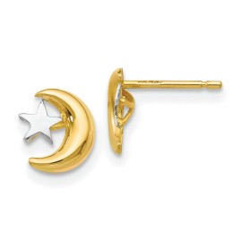FindingKing 14K Two Tone Gold Moon & Star Stud Earrings Jewelry 7mm x 7mm
