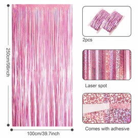 2pcs 3.2 x 8.3ft Glitter Pink Tinsel Curtain Foil Curtain Decorations Pink Girls Foils Fringe Party Streamers Curtain Photo Backdrop Decoration for Birthday Wedding School Holiday Hen Party Backdrop